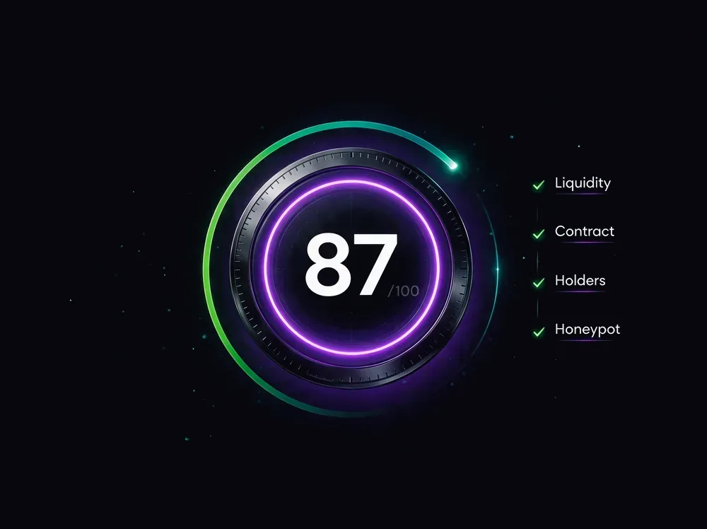 AI Score dial showing 87 out of 100 with liquidity, contract, holders and honeypot checks passed