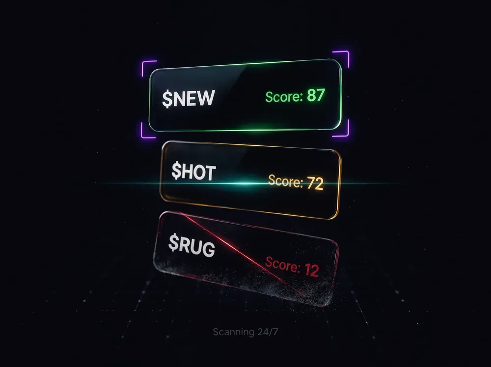 Auto Sniper scanning new tokens and locking on one scoring 87 while rejecting a rug at 12