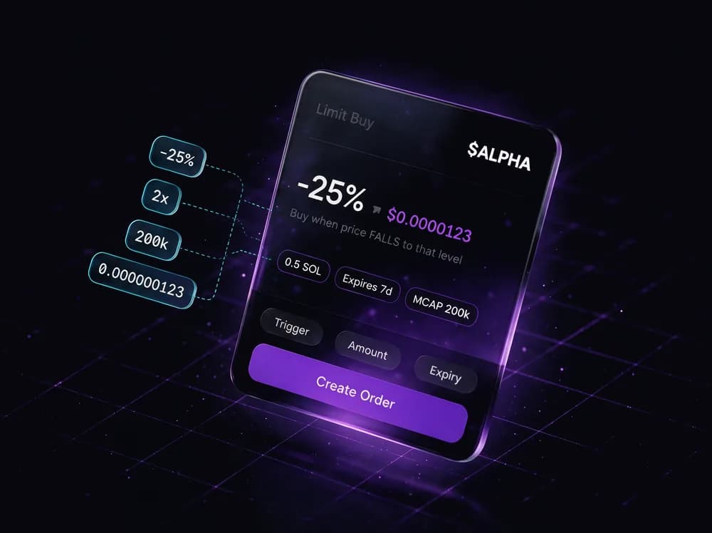 Limit order confirmation screen with percent, multiple, market cap and price triggers