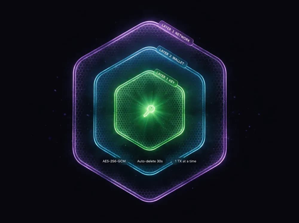 Three nested security layers protecting the wallet key at the centre