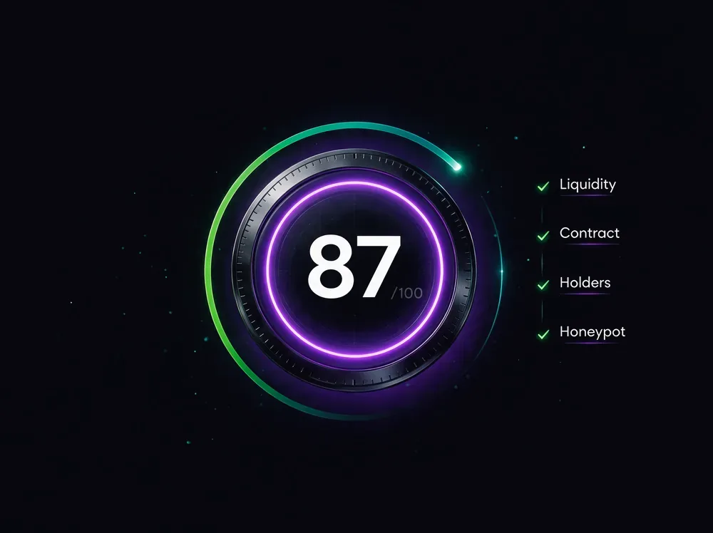 AI Score dial reading 87 out of 100 with liquidity, contract, holders and honeypot checks passed