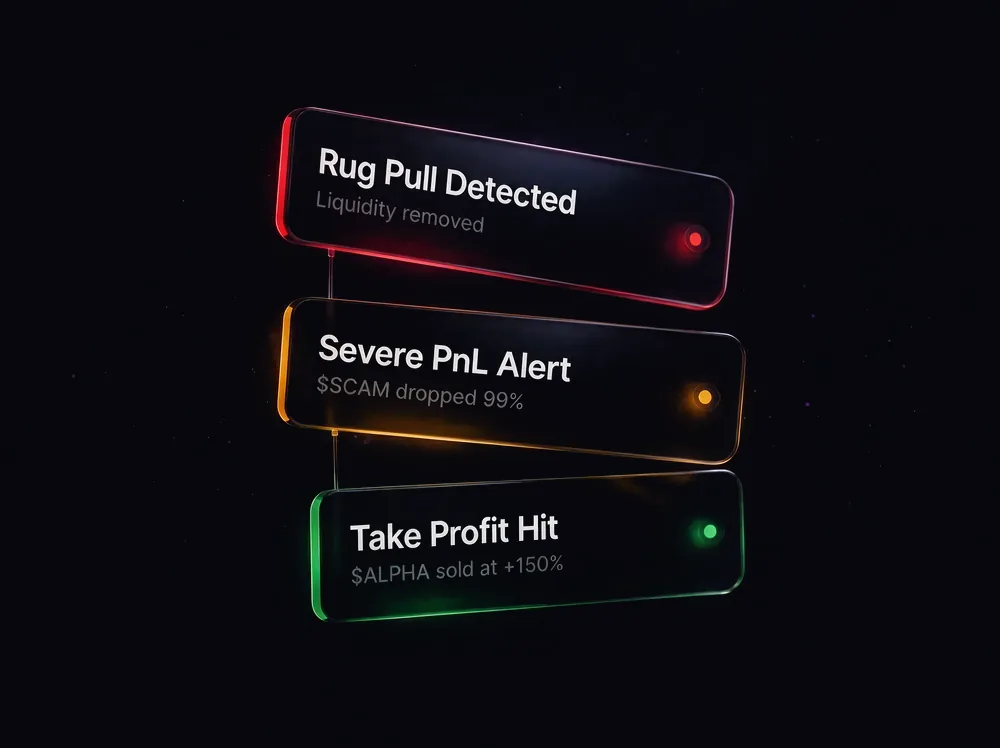 Alerts for rug pull, severe loss and take-profit hit