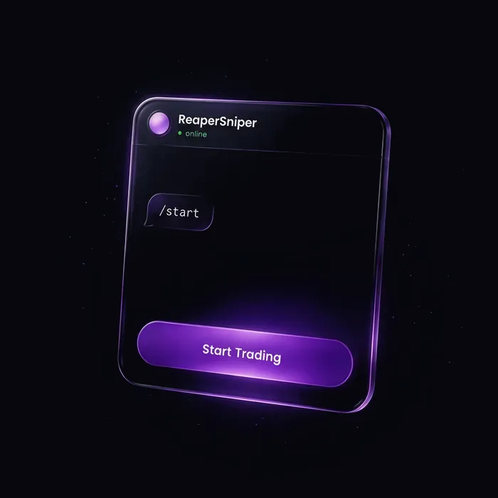 Telegram chat with the bot showing the start command and a start trading button