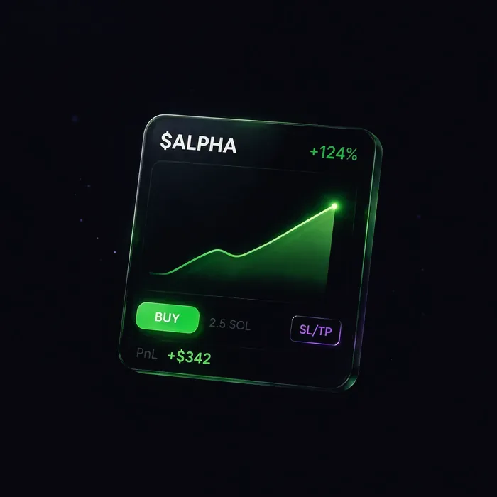 Trade panel showing a token up 124 percent with buy and stop-loss controls