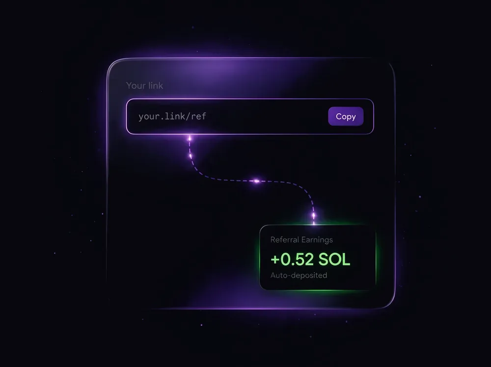 Your referral link with a copy button and earnings arriving automatically